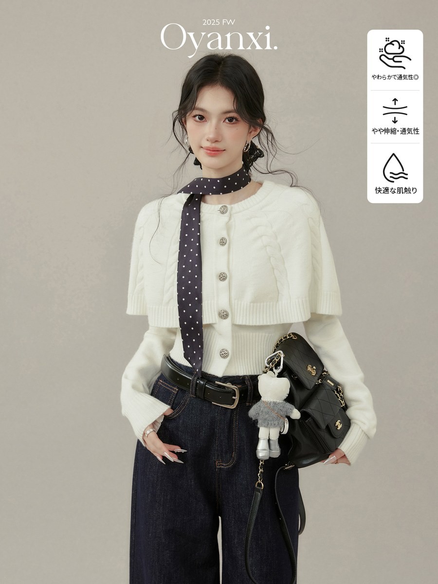 OYANXI ケープ付き フェイクレイヤード ニットカーディガン