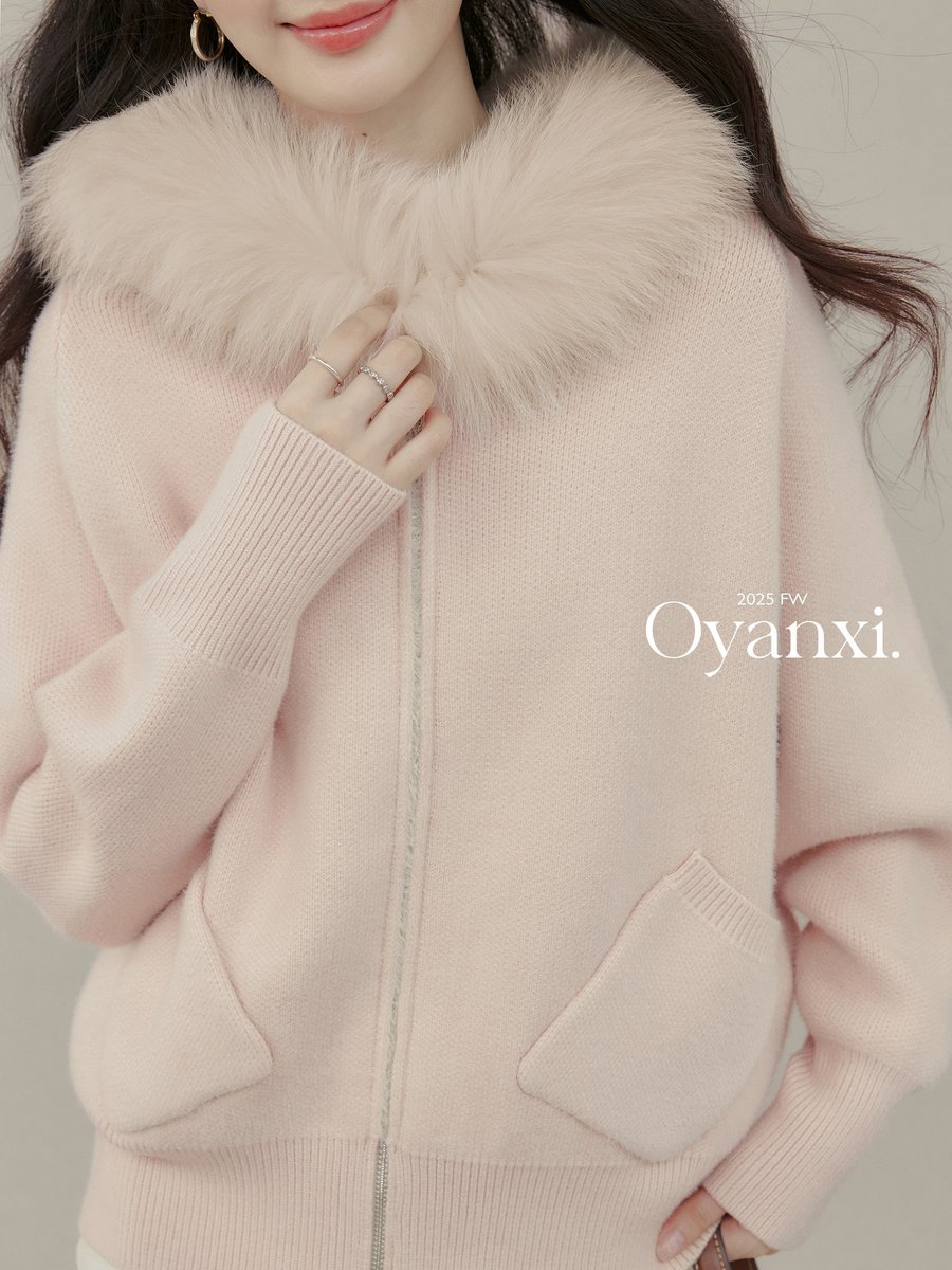 OYANXI ファーフード付き ニットカーディガン