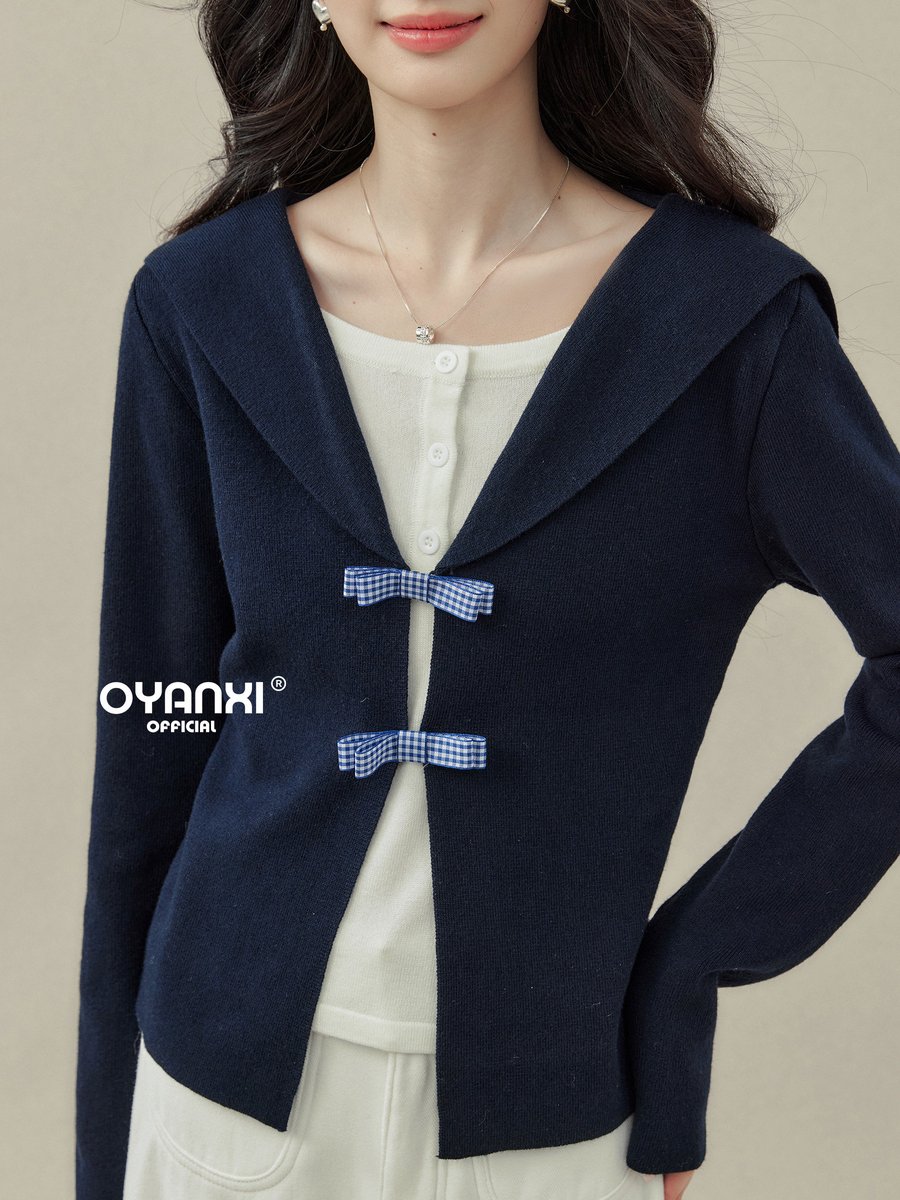 OYANXI セーラーカラー フェイクレイヤード ニットトップス