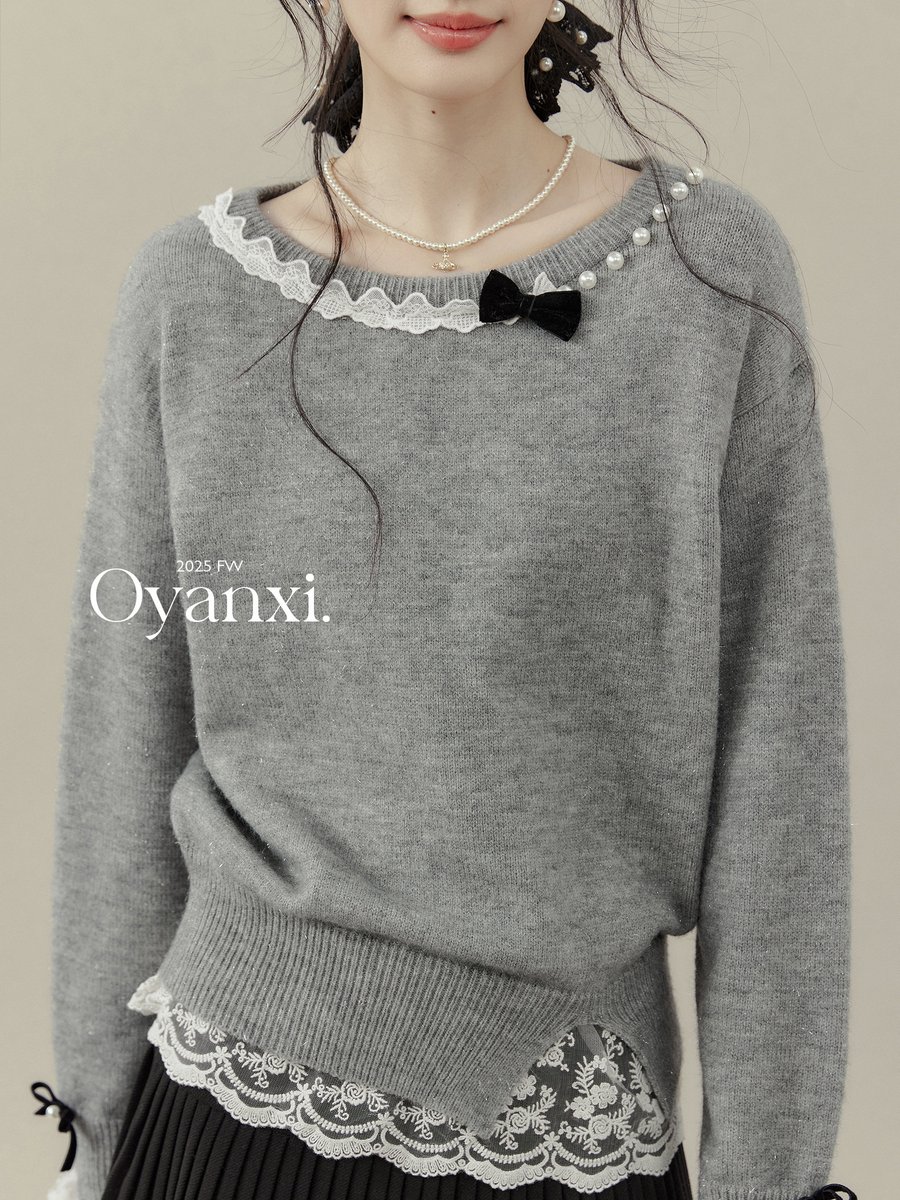 OYANXI ツイード風 パール リボン ニット