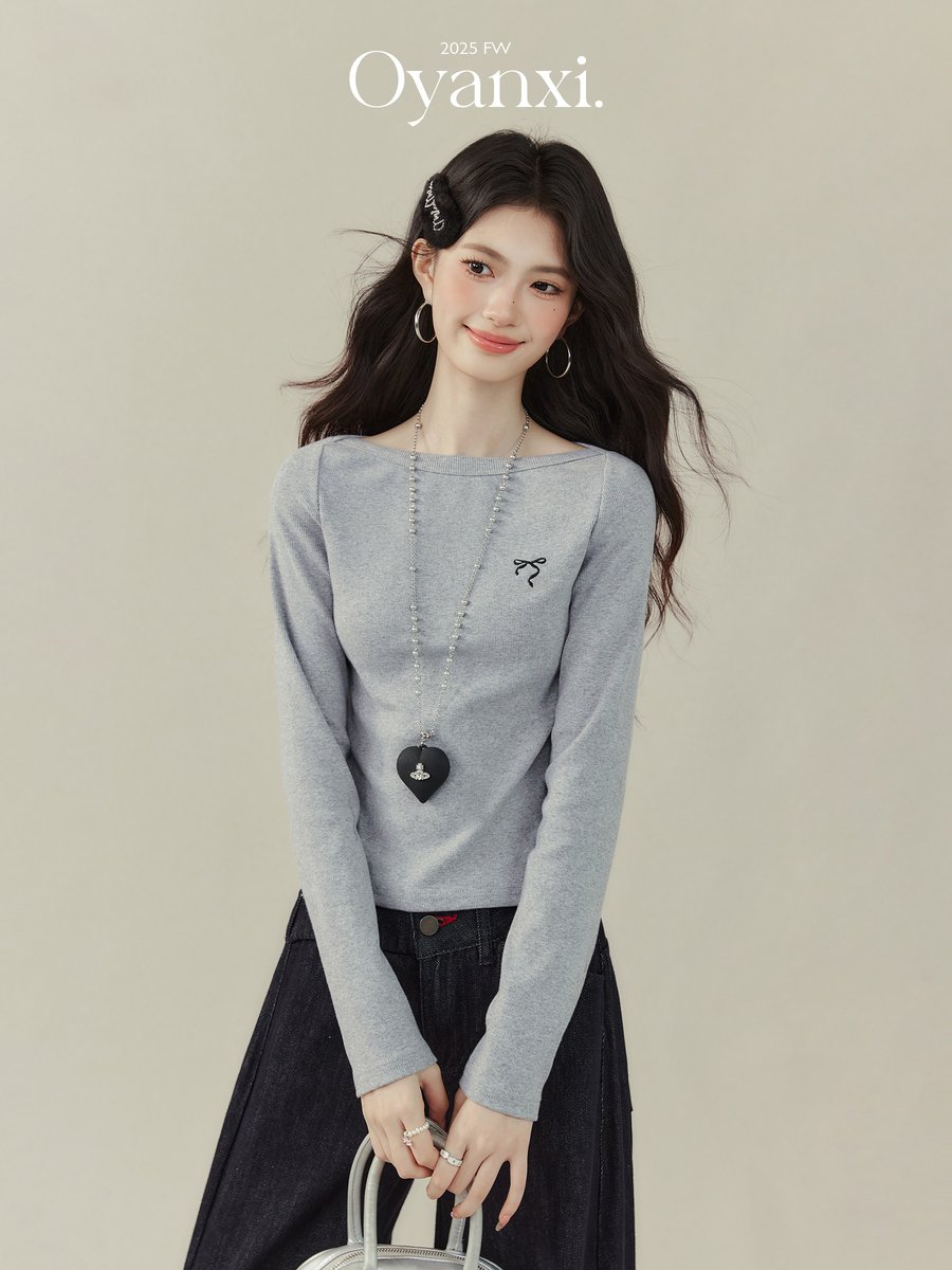 OYANXI 刺繍 リボン ニット長袖Tシャツ
