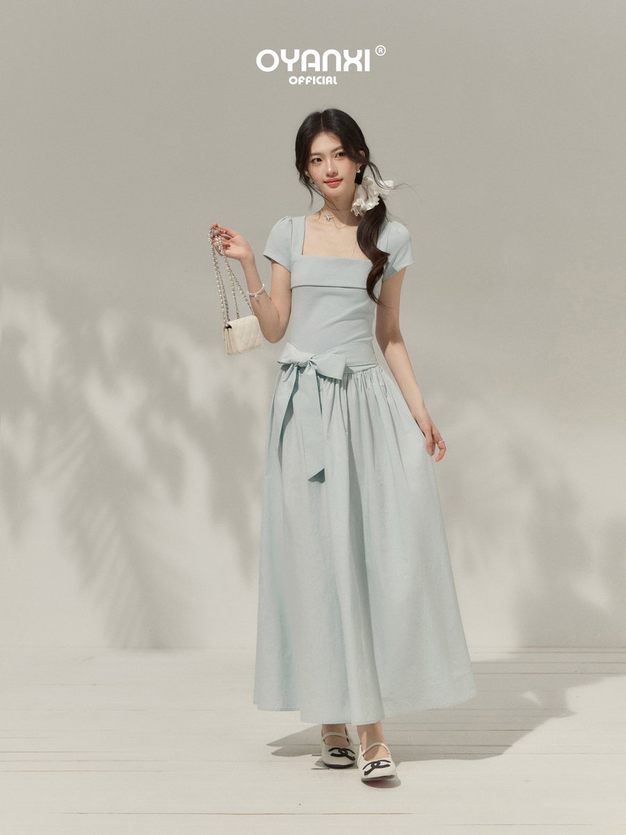 OYANXI スクエアネック パフスリーブ ロングワンピース