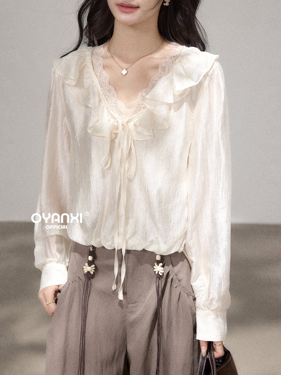 OYANXI フリルネック レース Vネック ゆったりブラウス