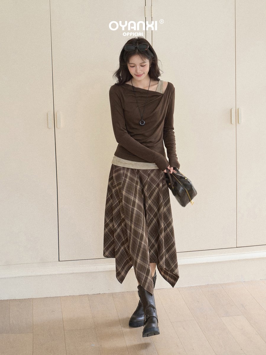 OYANXI フェイクレイヤード アシンメトリーショルダー 長袖Tシャツ