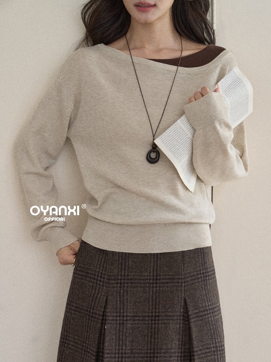 OYANXI バイカラー切り替え 斜めネック スリムニットトップス