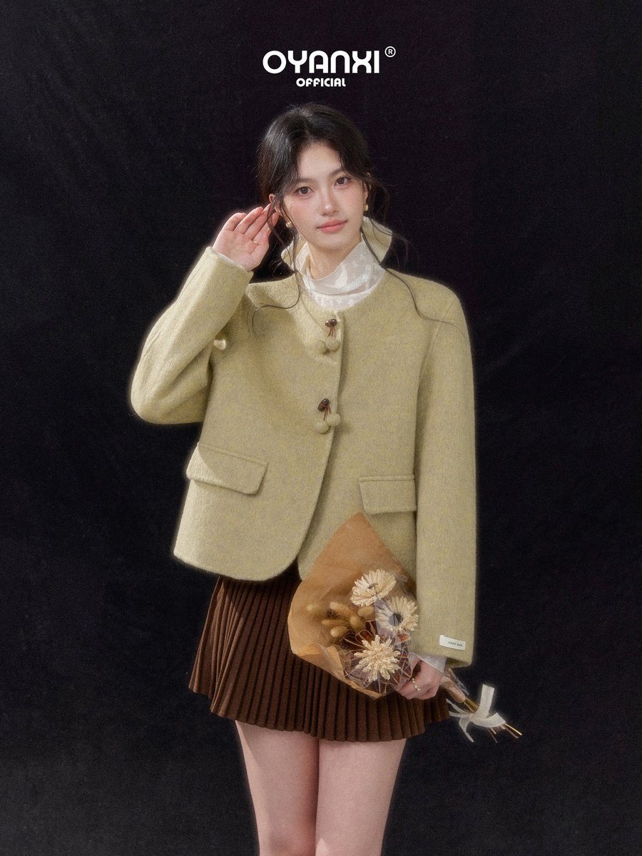 OYANXI クルーネック ポンポンボタン フラップポケット コート