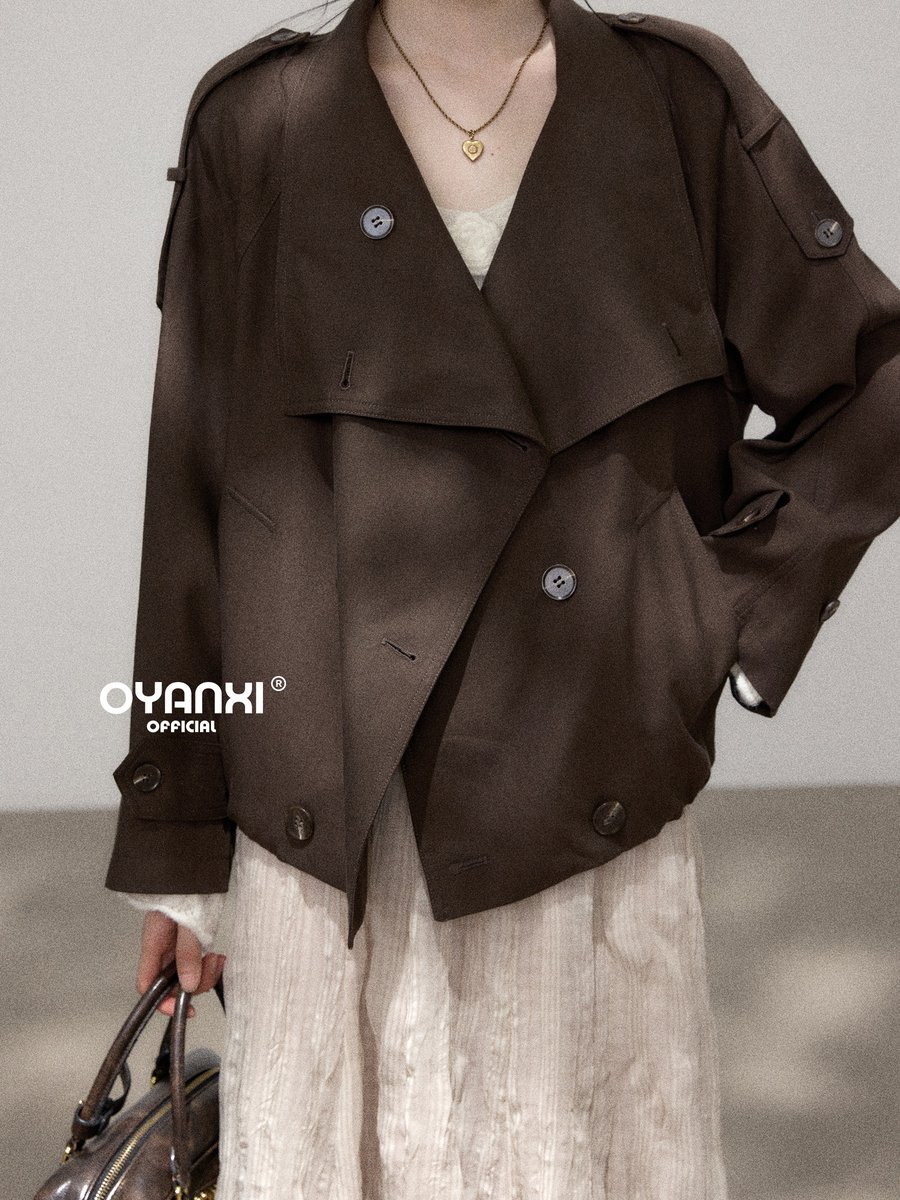 OYANXI ダブルボタン 折り襟 ゆったりトレンチコート