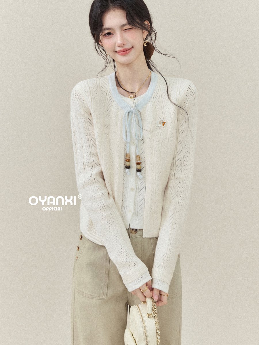 OYANXI フェイクレイヤード 透かし編み クルーネック ニットカーディガン