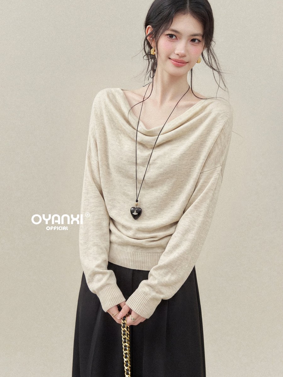 OYANXI ドレープネック ゆったり ウエストシェイプ 長袖ニットトップス