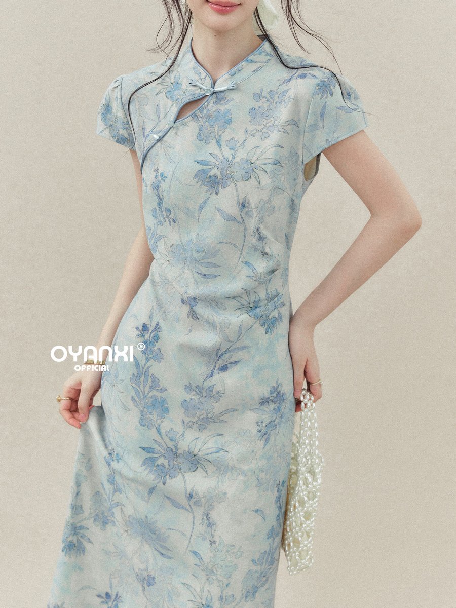 OYANXI 水墨花柄 チャイナドレス風 半袖ワンピース