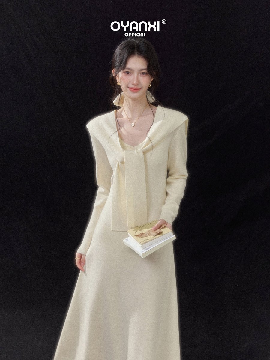 OYANXI Vネック ショール付き ウエストシェイプ 長袖ワンピース