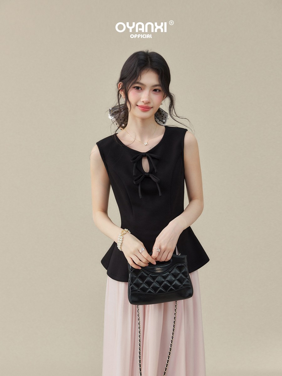 OYANXI リボン ノースリーブ フィットトップス