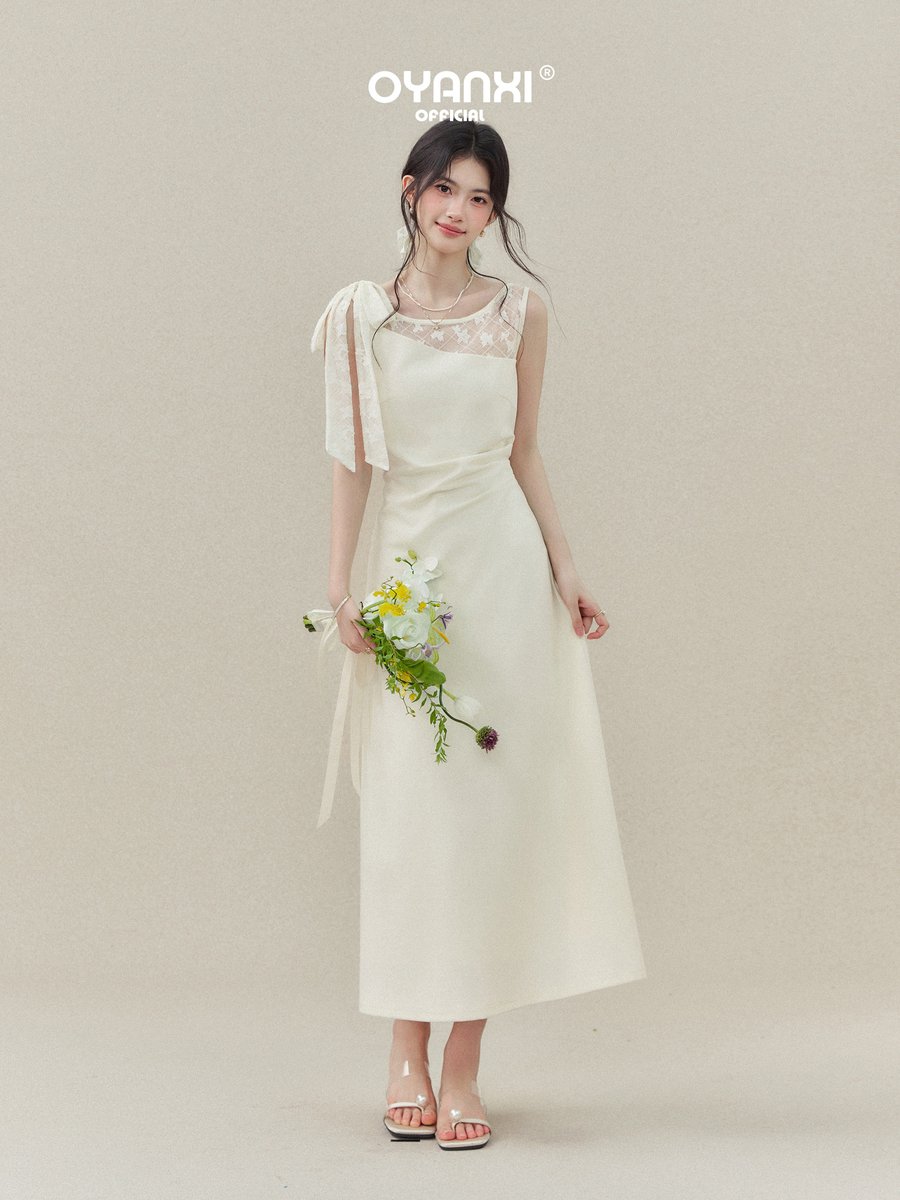 OYANXI レース チュール リボン オフショルダー ロングワンピース