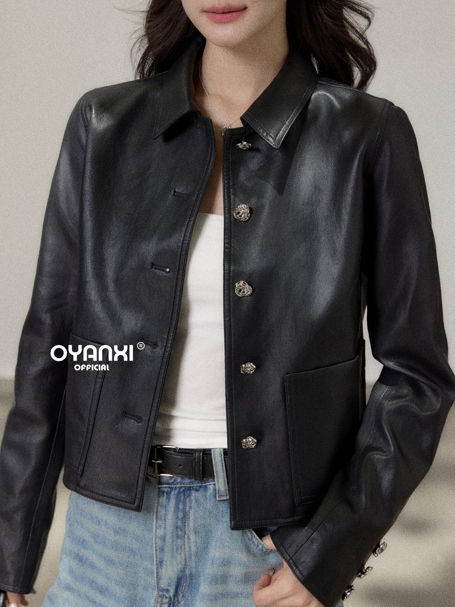 OYANXI 折り襟 ショート丈 レザー調ジャケット