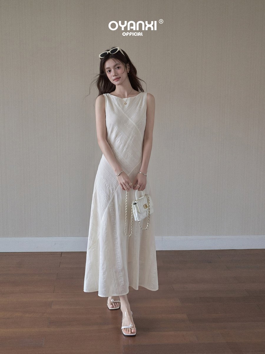 OYANXI フレンチ クルーネック ノースリーブ Aラインロングワンピース