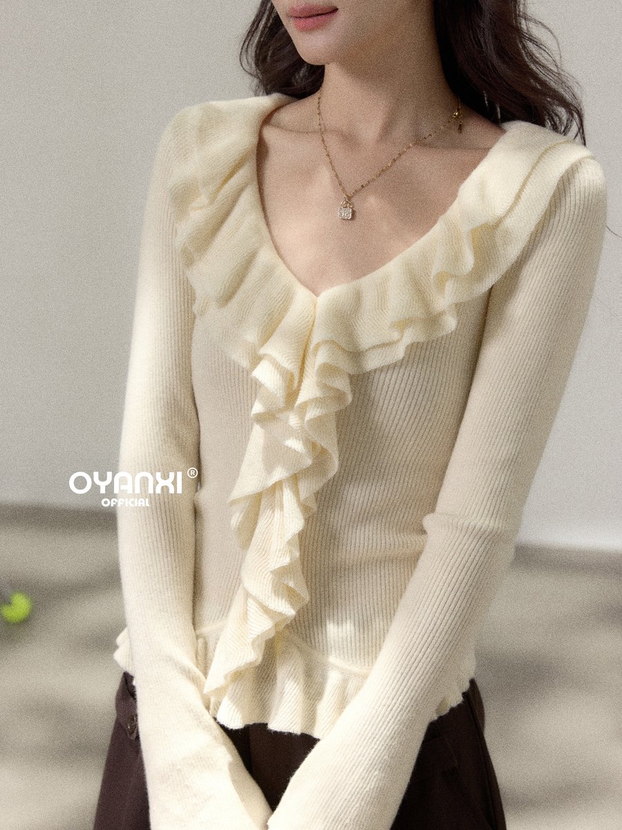 OYANXI ディープVネック フリル スリム プルオーバーニット