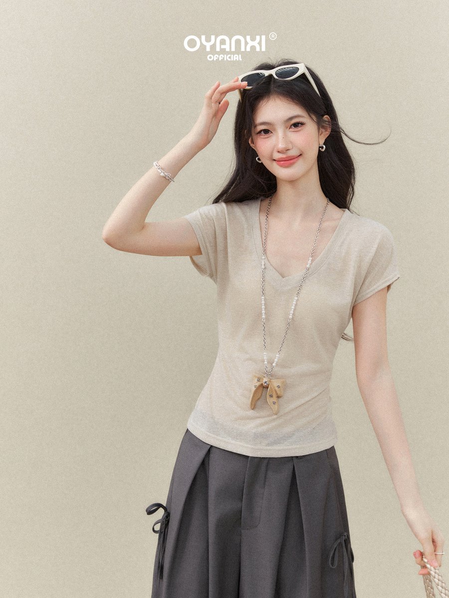 OYANXI Vネック ウエストシェイプ 半袖Tシャツ