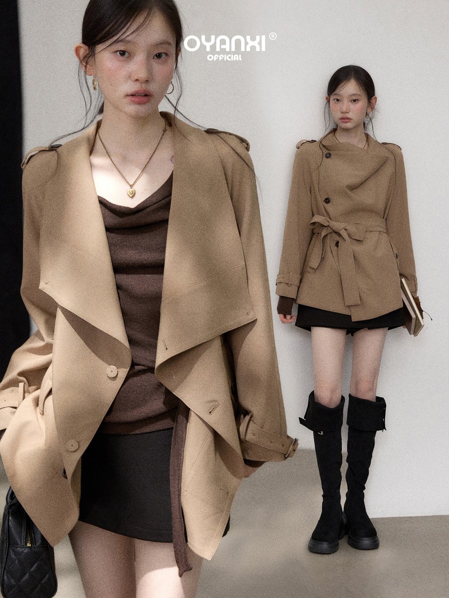 OYANXI アシンメトリーデザイン ベルト付き トレンチコート