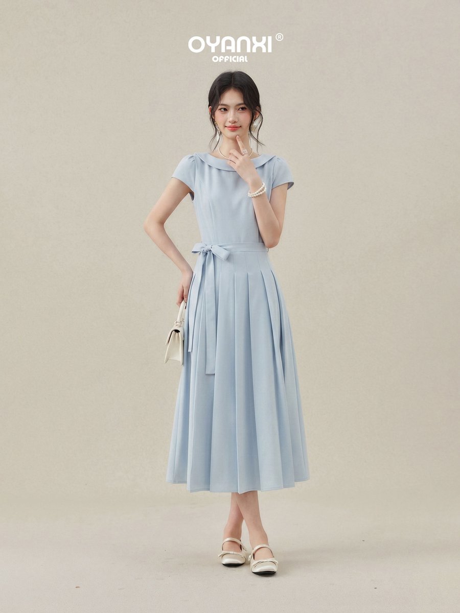 OYANXI フレンチスリーブ クルーネック Aライン ロングワンピース