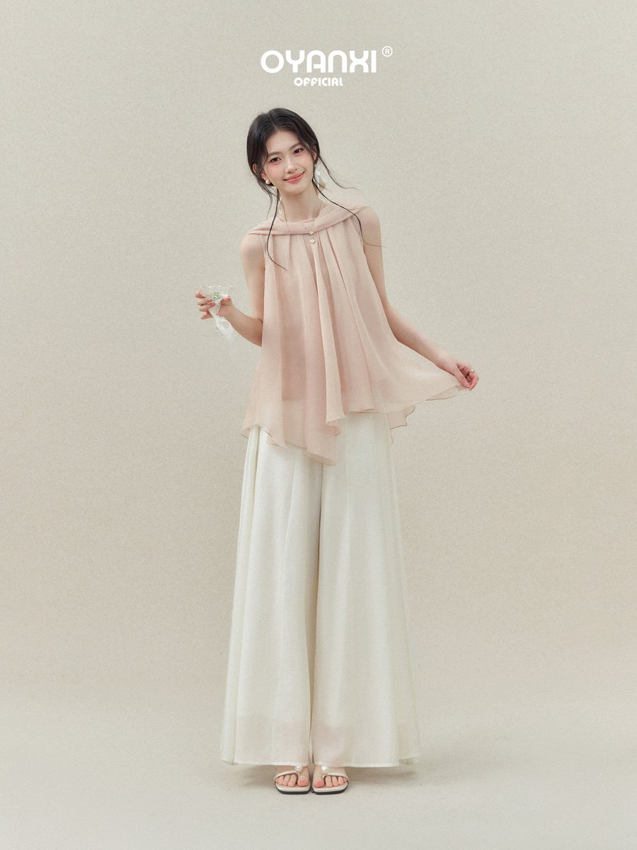 OYANXI ケープ風 リボン アシンメトリー ノースリーブトップス