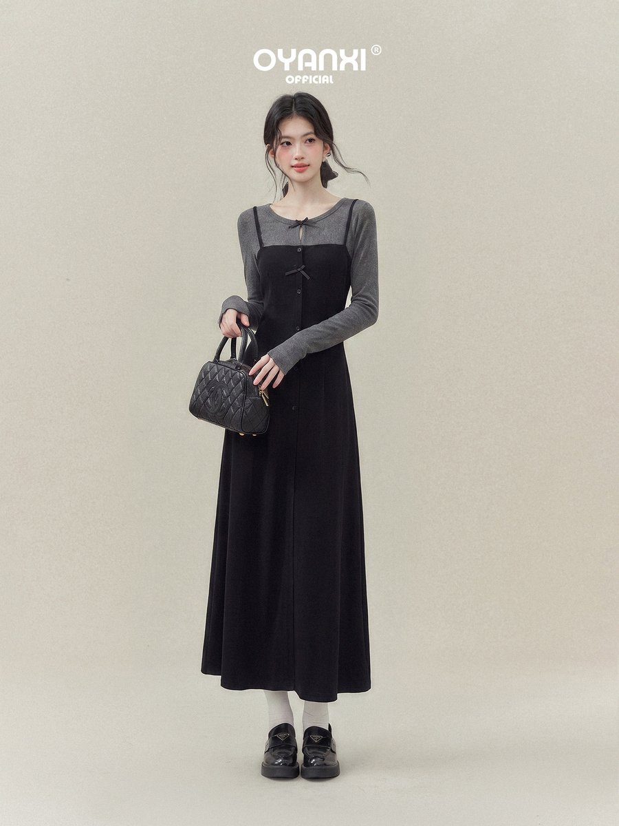 OYANXI フェイクレイヤード スクエアネック ロングワンピース