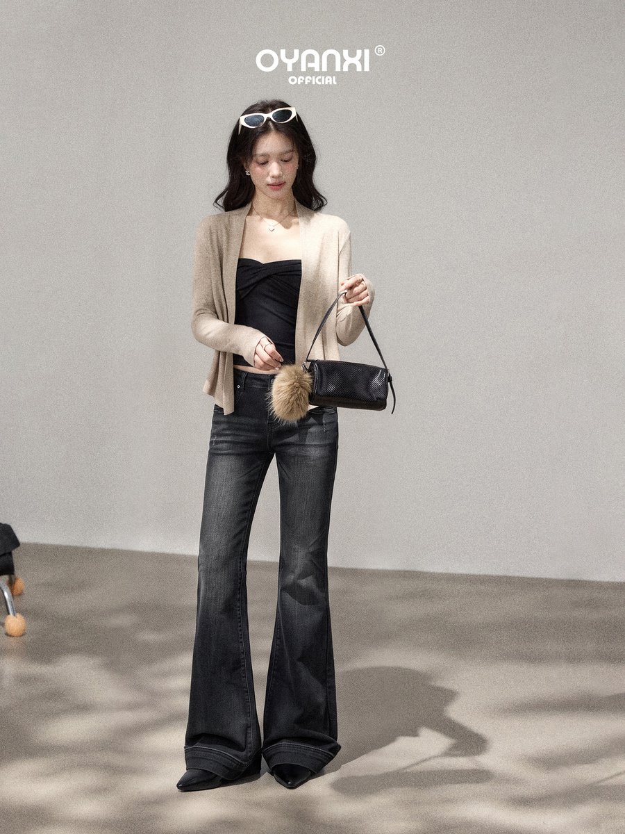 OYANXI ウォッシュド ハイウエスト セミフレアデニムパンツ