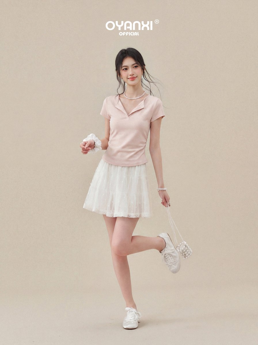 OYANXI ヘンリーネック スリム ショート丈 半袖Tシャツ