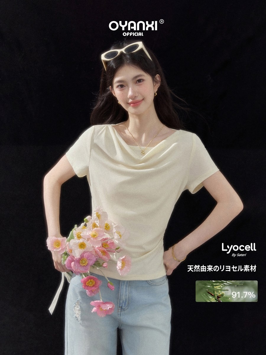OYANXI シンプル ドレープネック スリム 半袖Tシャツ
