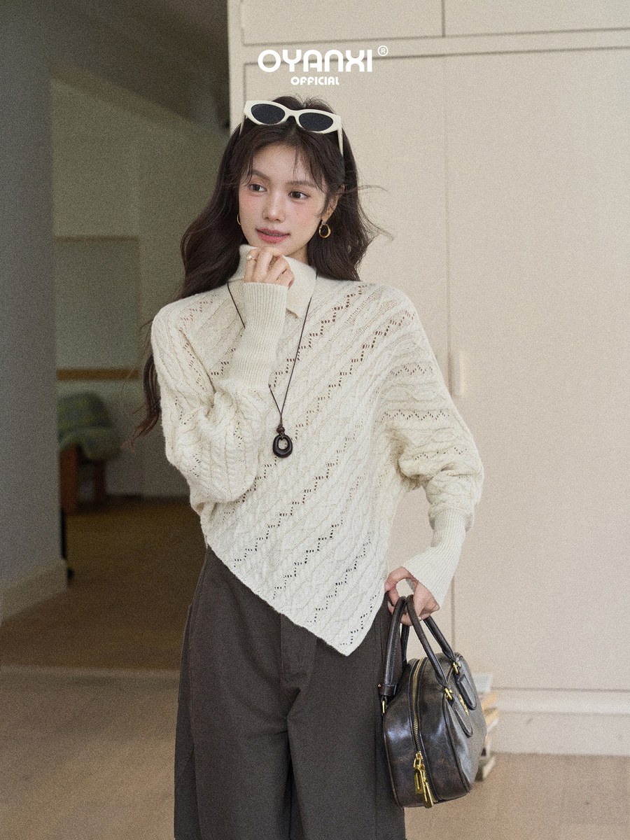 OYANXI ケーブル 透かし編み アシンメトリーヘム 長袖ニット