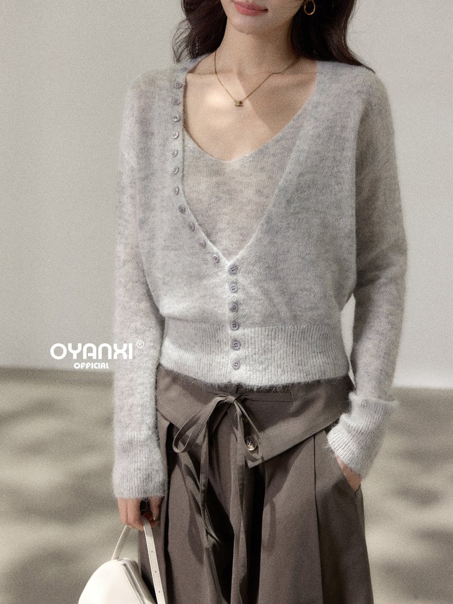 OYANXI ラメ 深Vネック ニットカーディガン