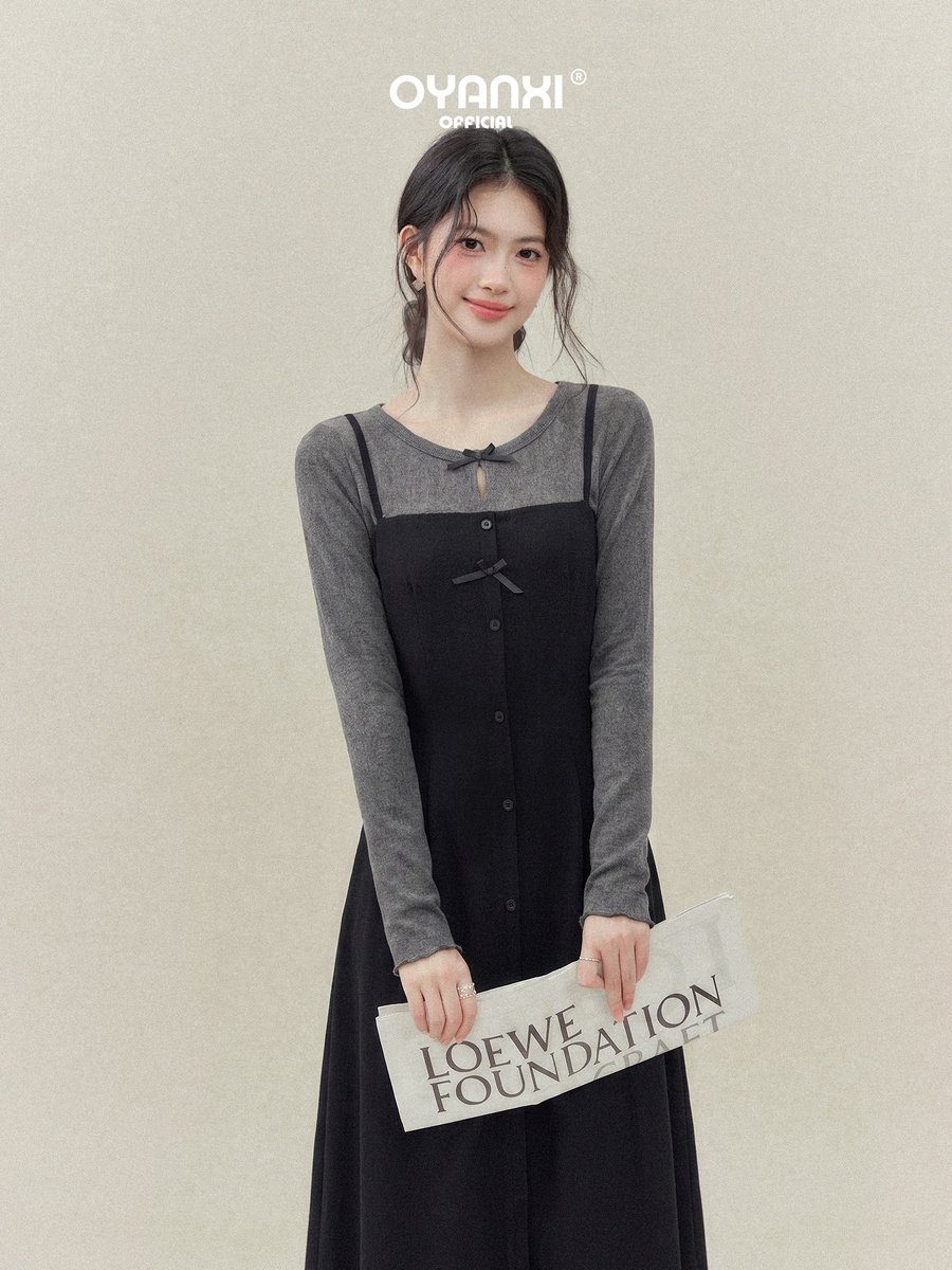 OYANXI フェイクレイヤード スクエアネック ロングワンピース