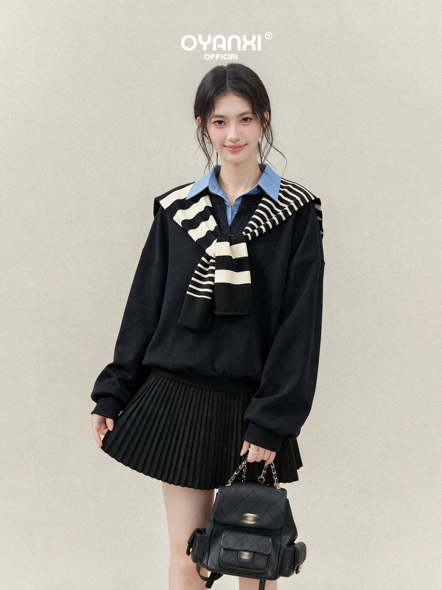 OYANXI ポロカラー ボーダーケープ付き スウェット
