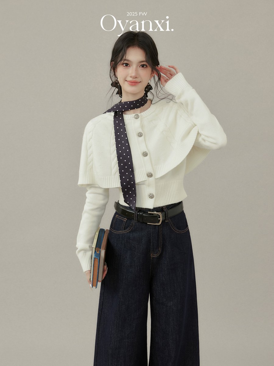 OYANXI ケープ付き フェイクレイヤード ニットカーディガン