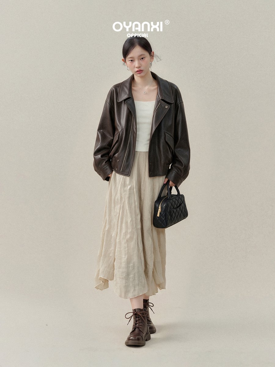 OYANXI 折り襟 ダブル前立て ゆったりレザー調ジャケット