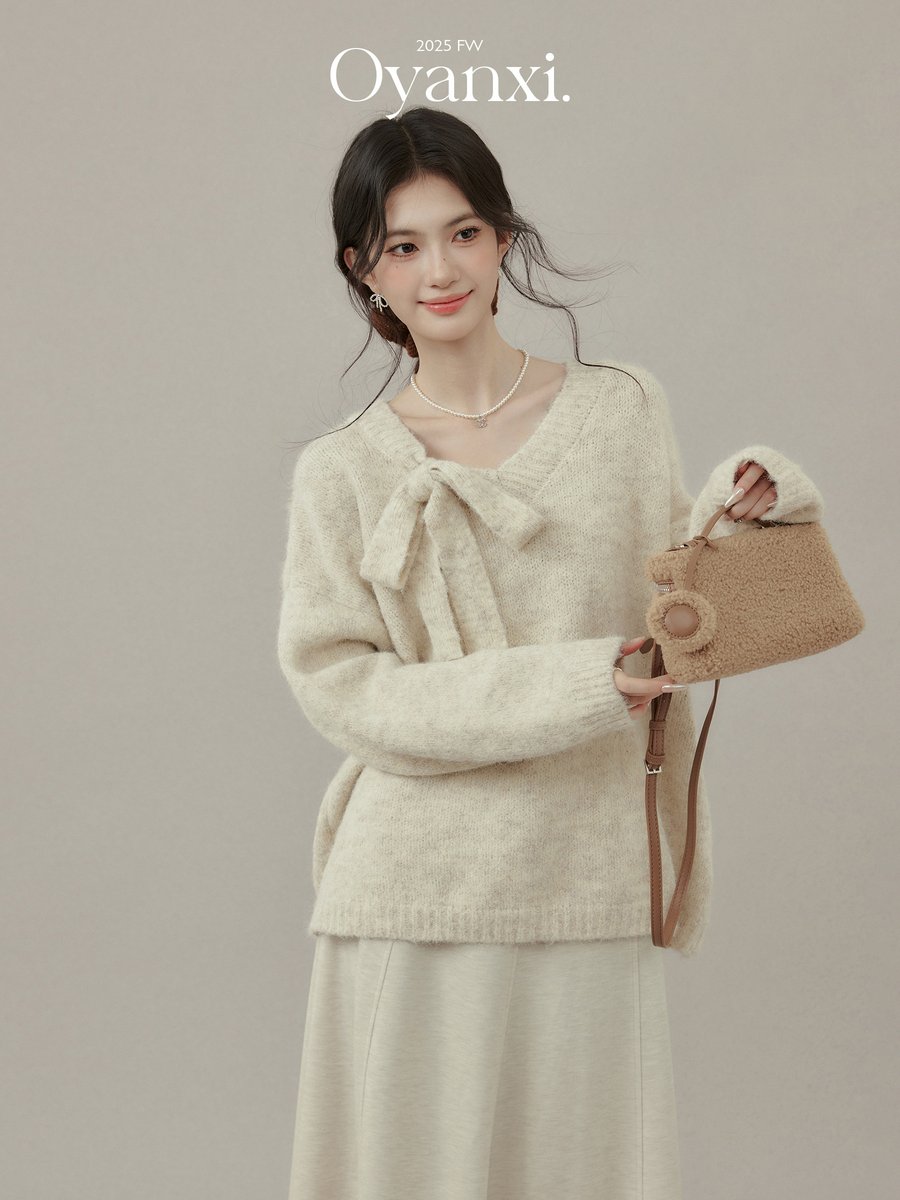 OYANXI リボンタイ Vネック 厚手プルオーバーニット