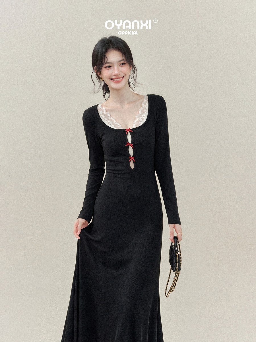 OYANXI レース Uネック リボン 透かし ロングワンピース