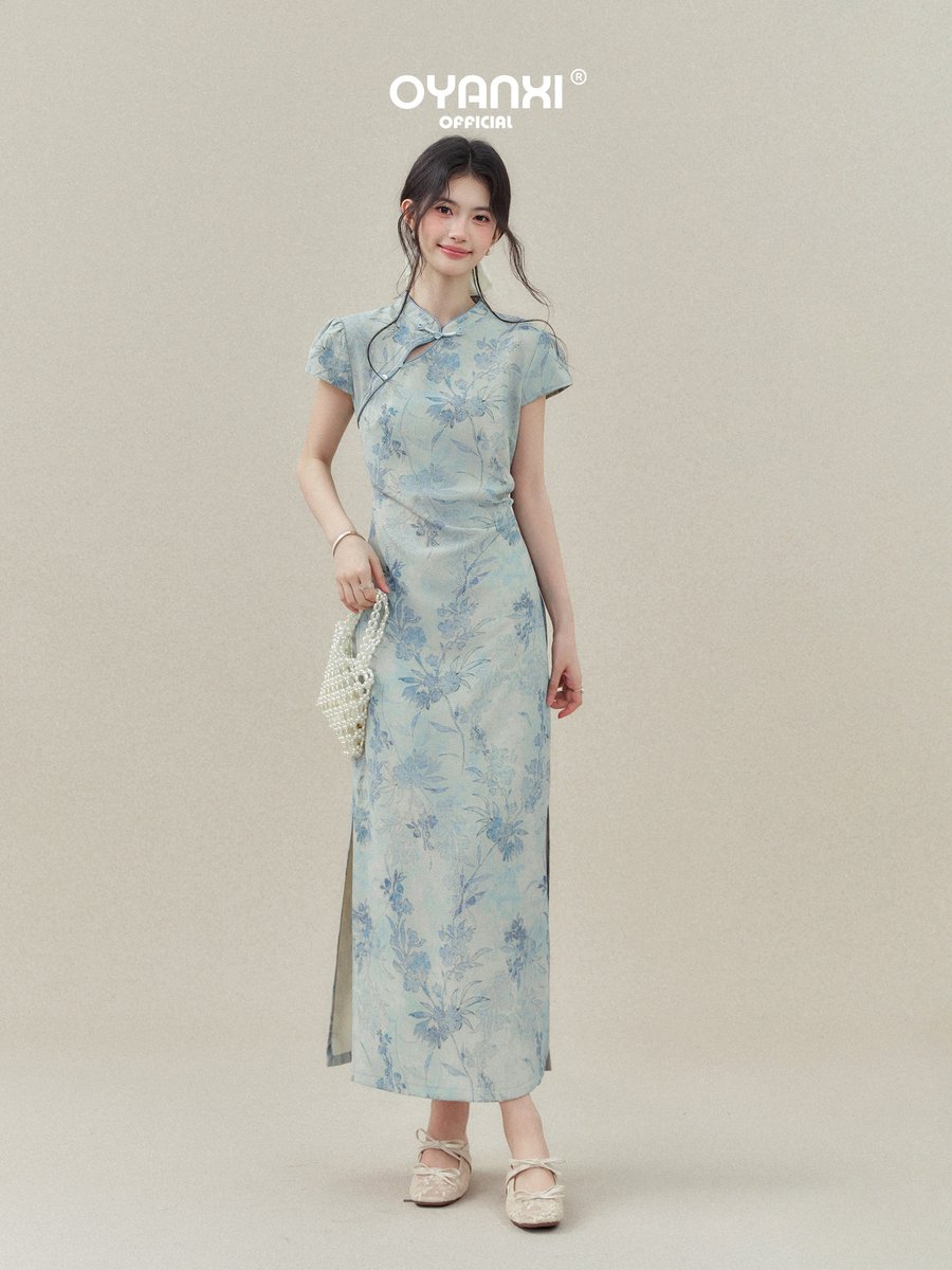 OYANXI 水墨花柄 チャイナドレス風 半袖ワンピース