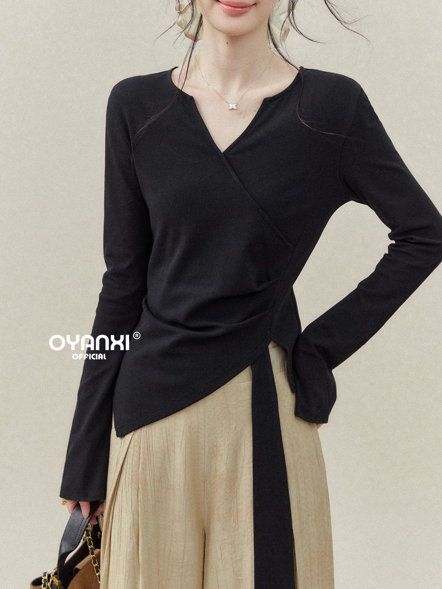 OYANXI アシンメトリーヘム Vネック 長袖Tシャツ