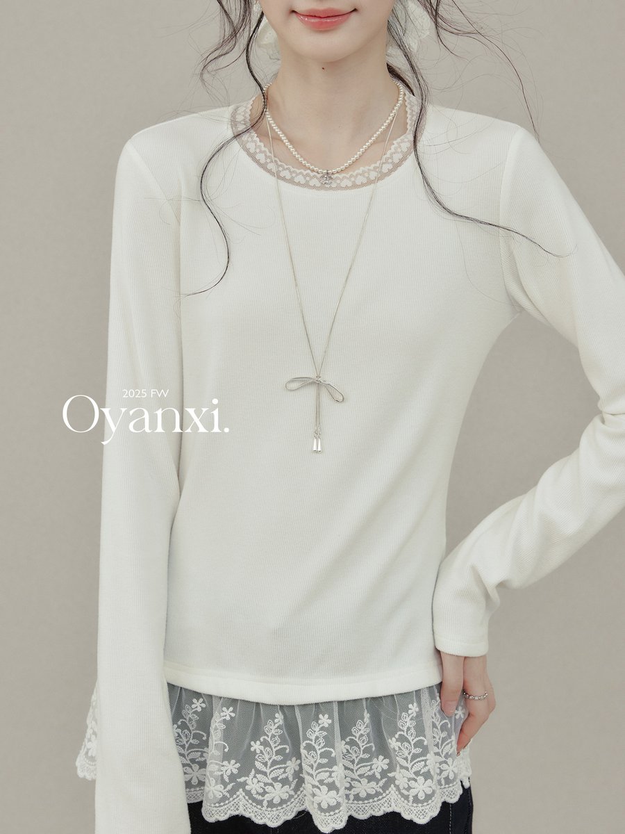 OYANXI レーストリム 切り替え 長袖カットソー