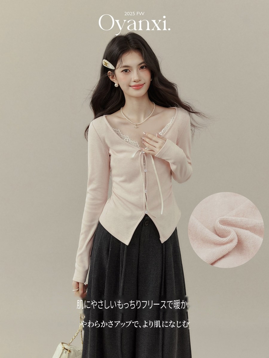 OYANXI フェイクレイヤード Vネック 起毛カットソー