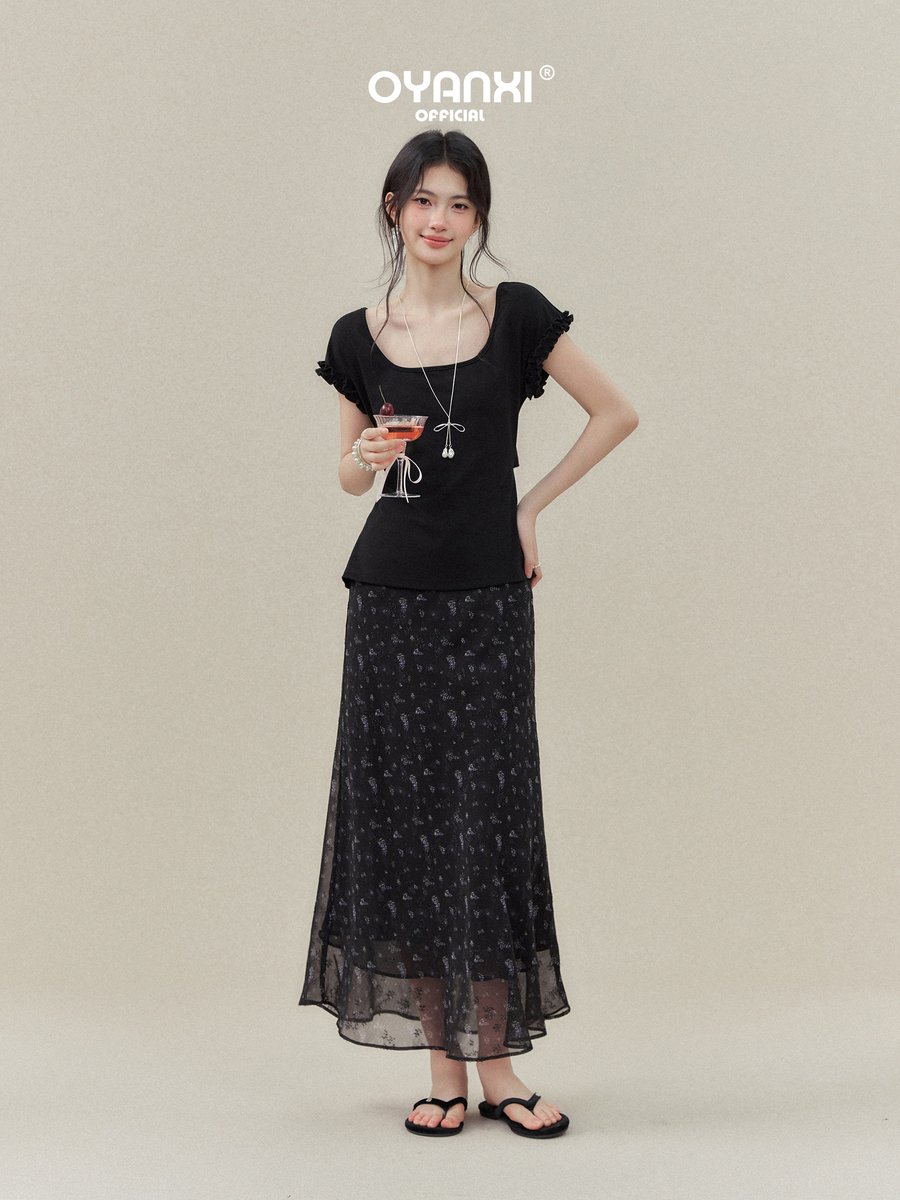 OYANXI スクエアネック フリルスリーブ 半袖Tシャツ