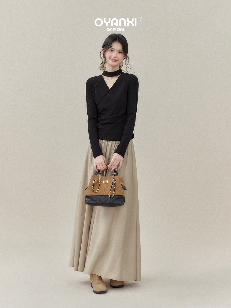 OYANXI ネックループ クロスVネック 長袖Tシャツ
