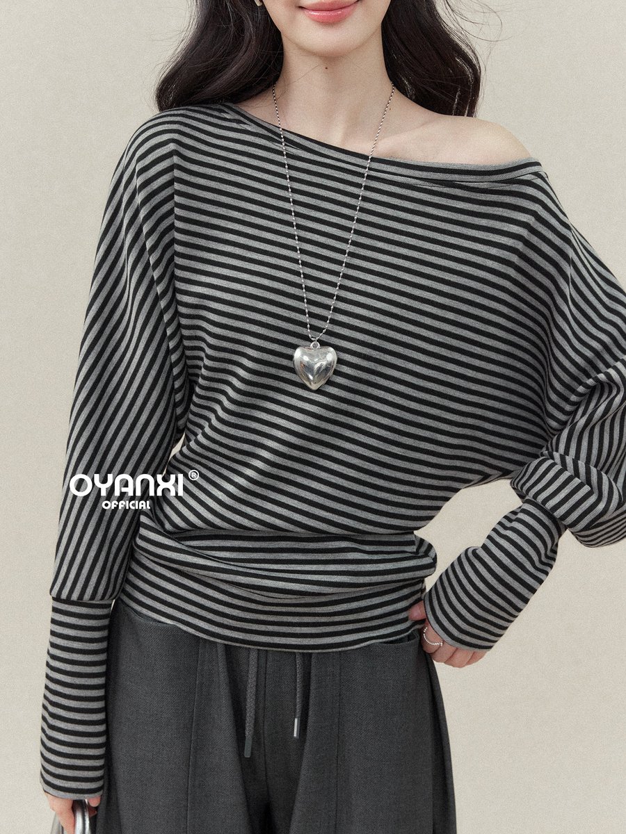 OYANXI ボーダー アシンメトリーネック 長袖Tシャツ