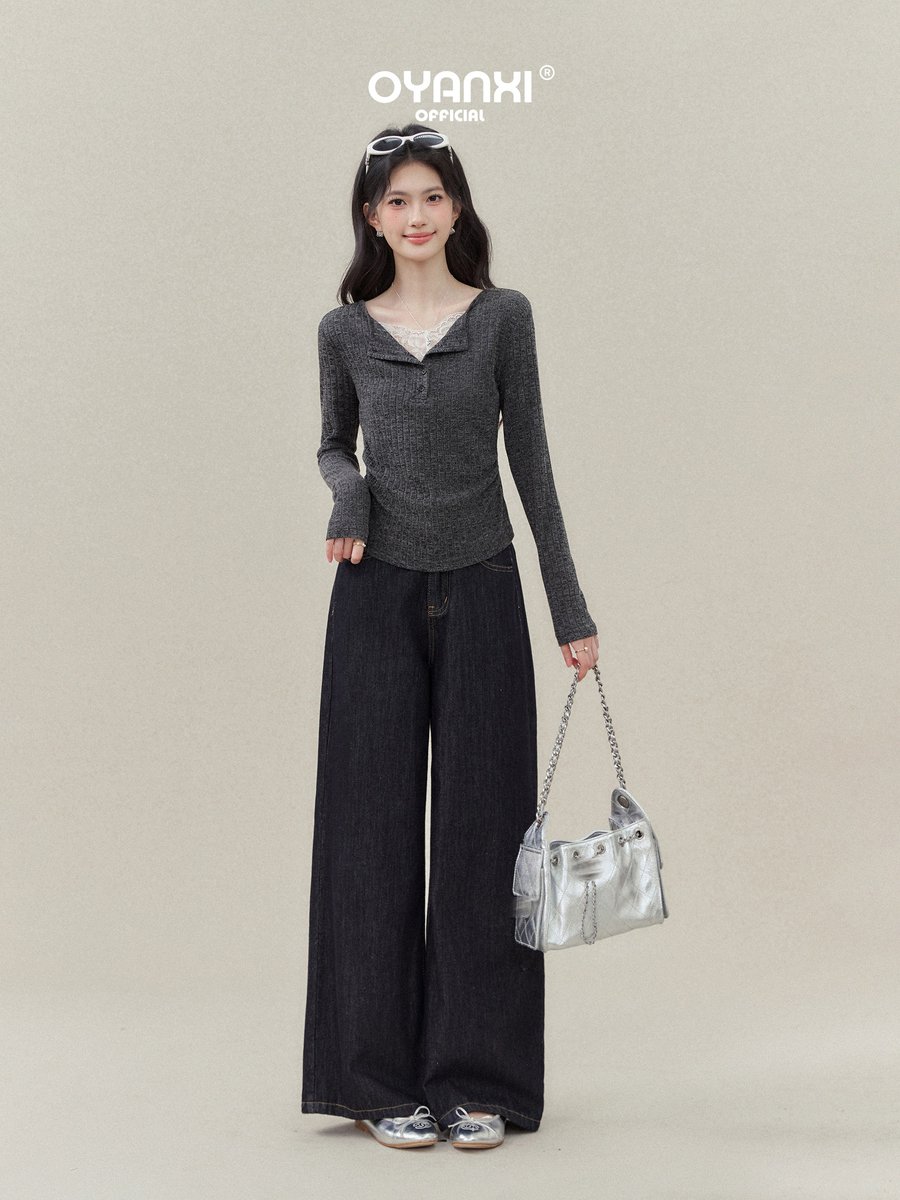 OYANXI レーストリム Vネック フェイクレイヤードTシャツ