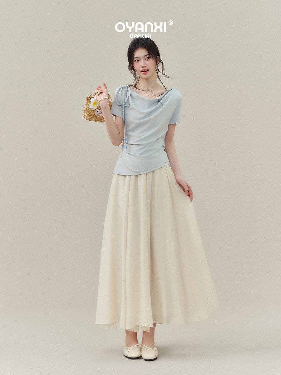 OYANXI ドレープネック ウエストシェイプ 半袖Tシャツ
