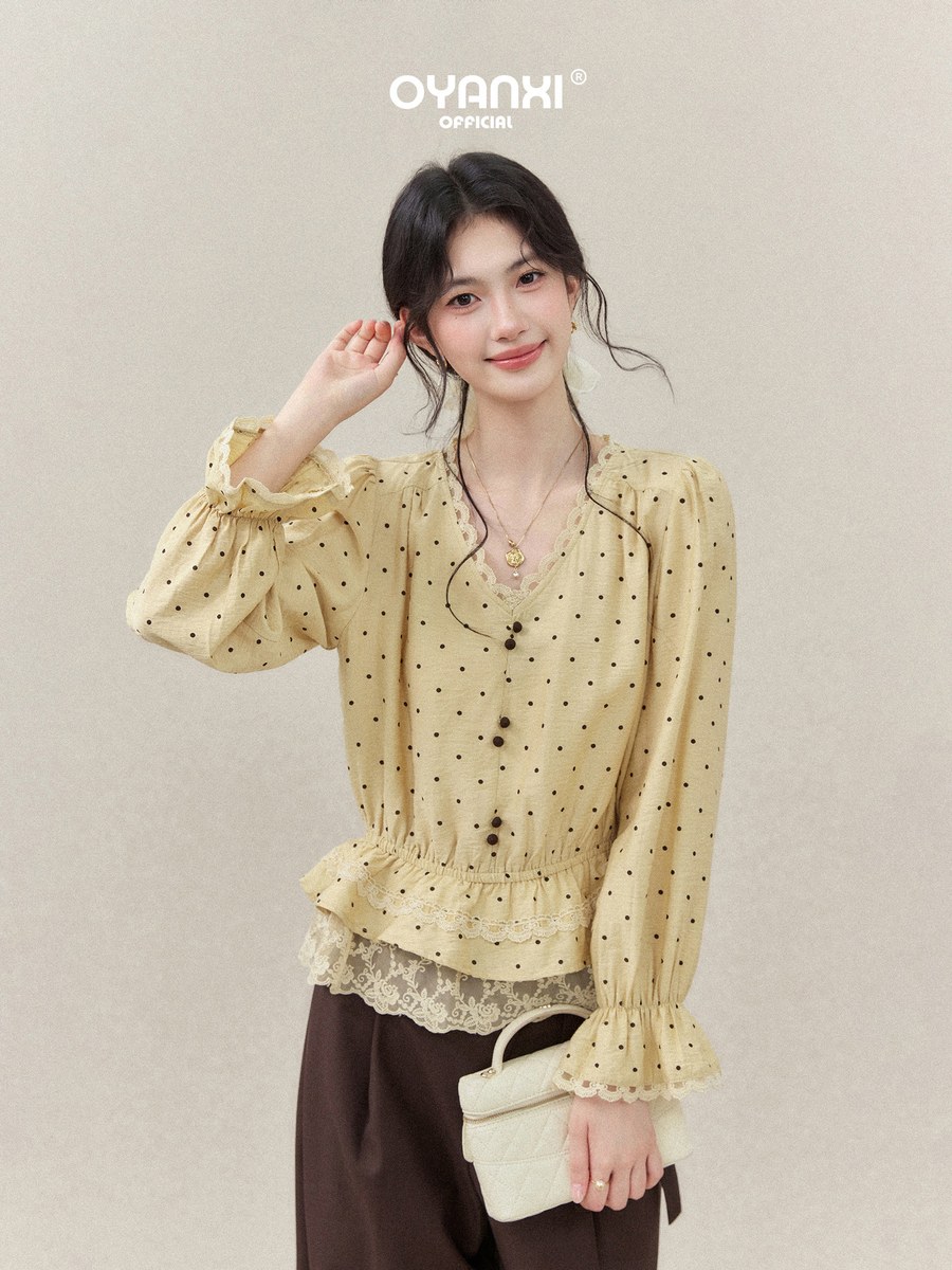 OYANXI レーストリム Vネック ダブルレースヘム シャツ