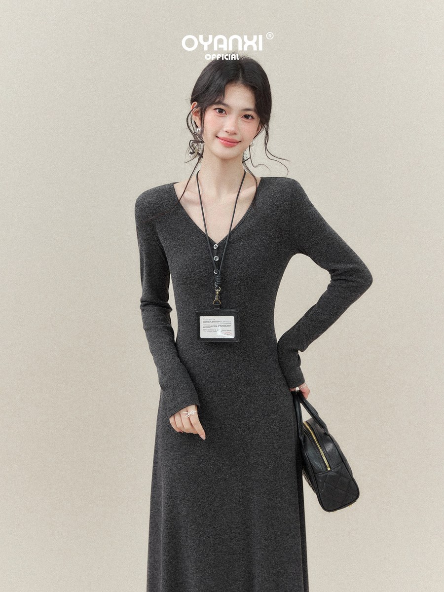 OYANXI Vネック スリム ロング ニットワンピース