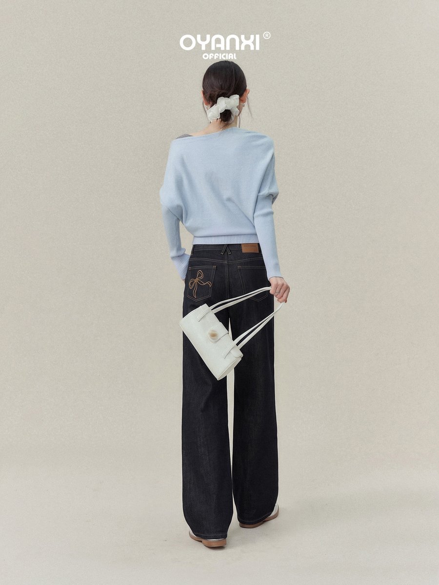 OYANXI アシンメトリーリボン ハイウエスト ワイドデニムパンツ
