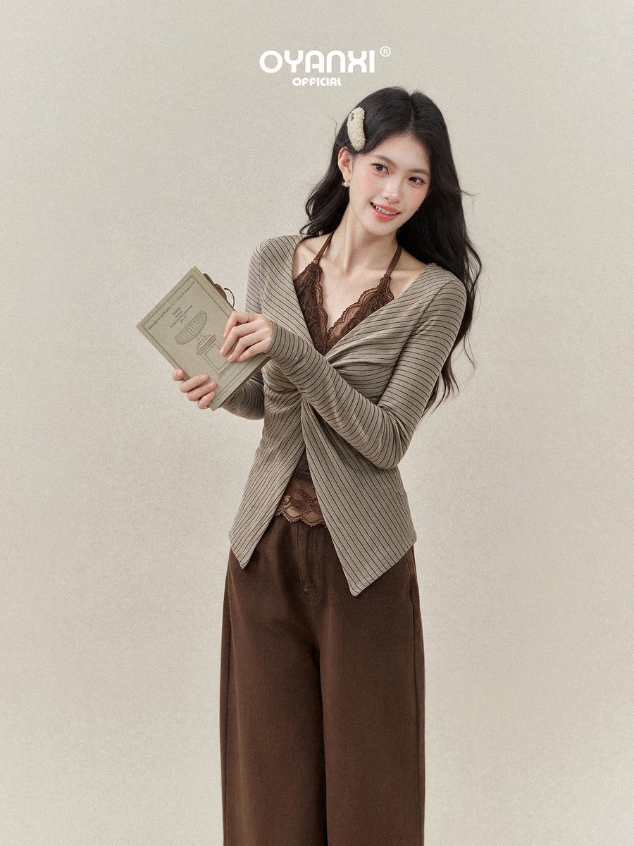 OYANXI レースホルター フェイクレイヤード ストライプ 長袖Tシャツ