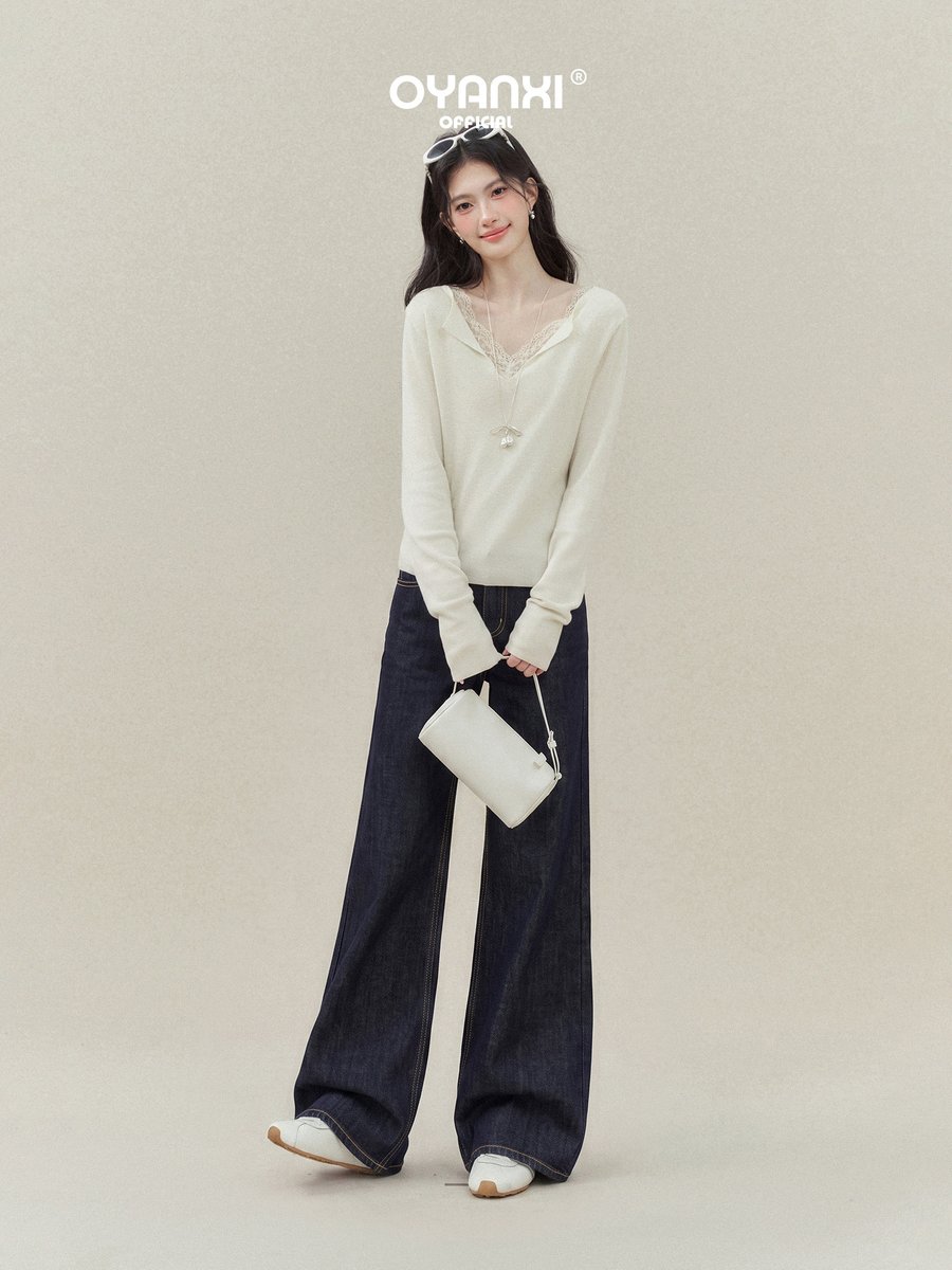 OYANXI シンプル ミッドウエスト ワイドデニムパンツ